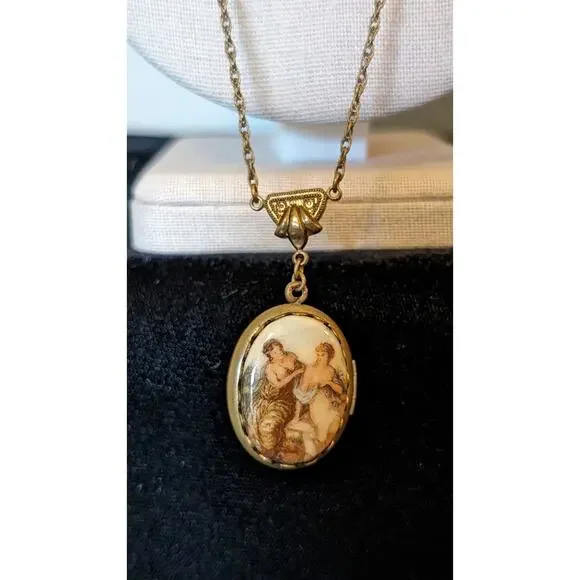 Vintage to Antique Victorian Scene Two Women Ceramic Locket - Picture 2 of 10
